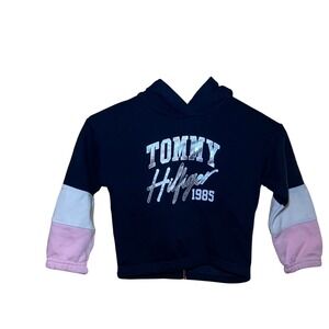 Kids Size 4 Tommy Hilfiger Hoodie Silver Glitter Logo Pink White Colorblock